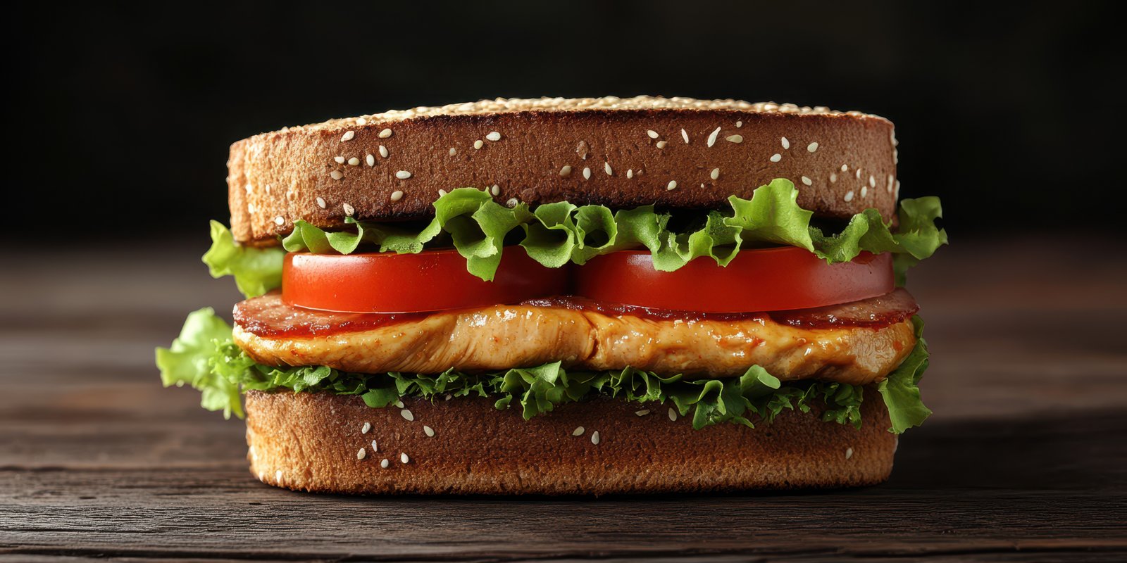 Mouthwatering sandwich with fresh lettuce, tomatoes, and grilled chicken on sesame seed bread prepared in a rustic kitchen